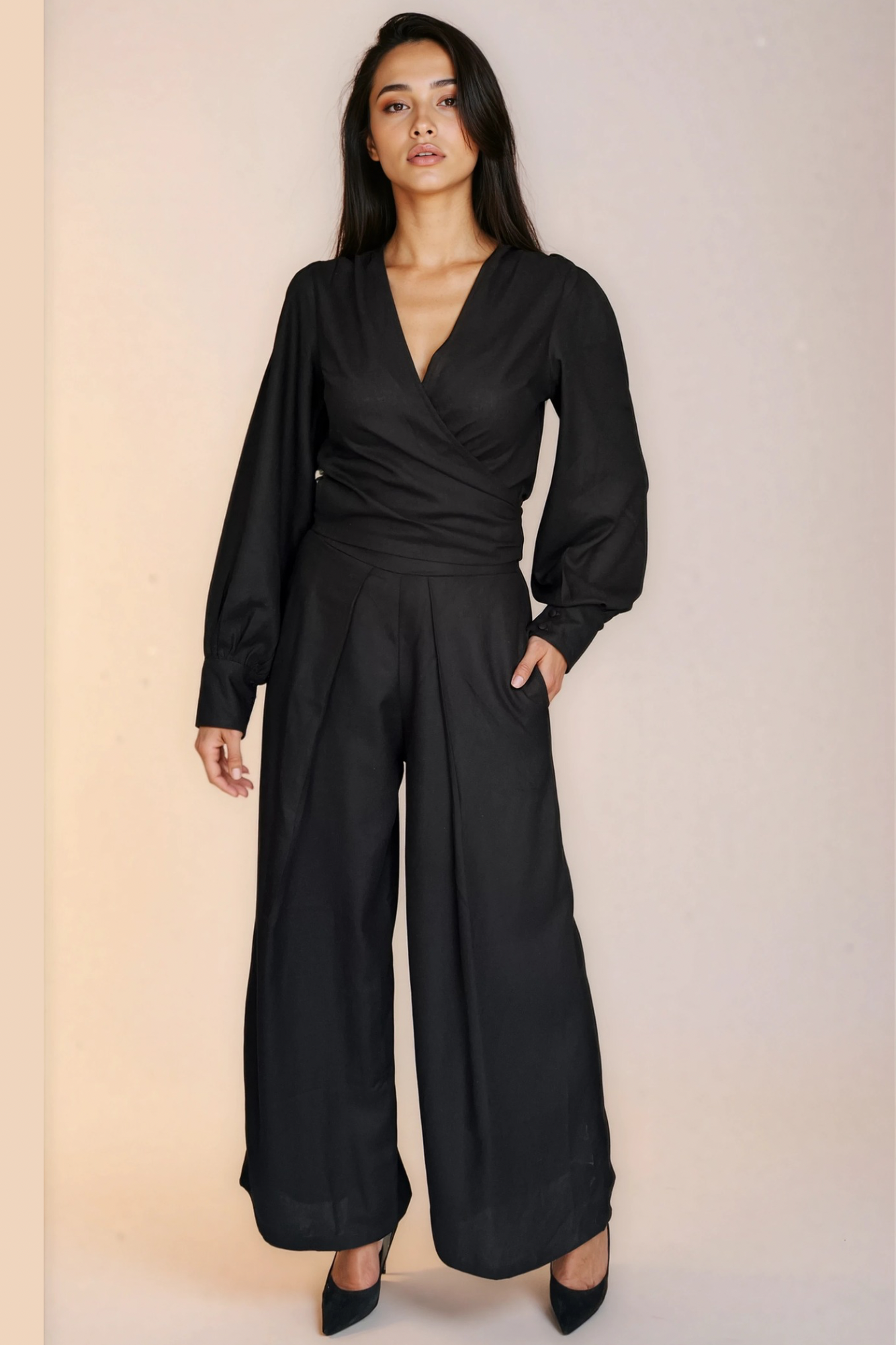 Black Linen Wrap Top