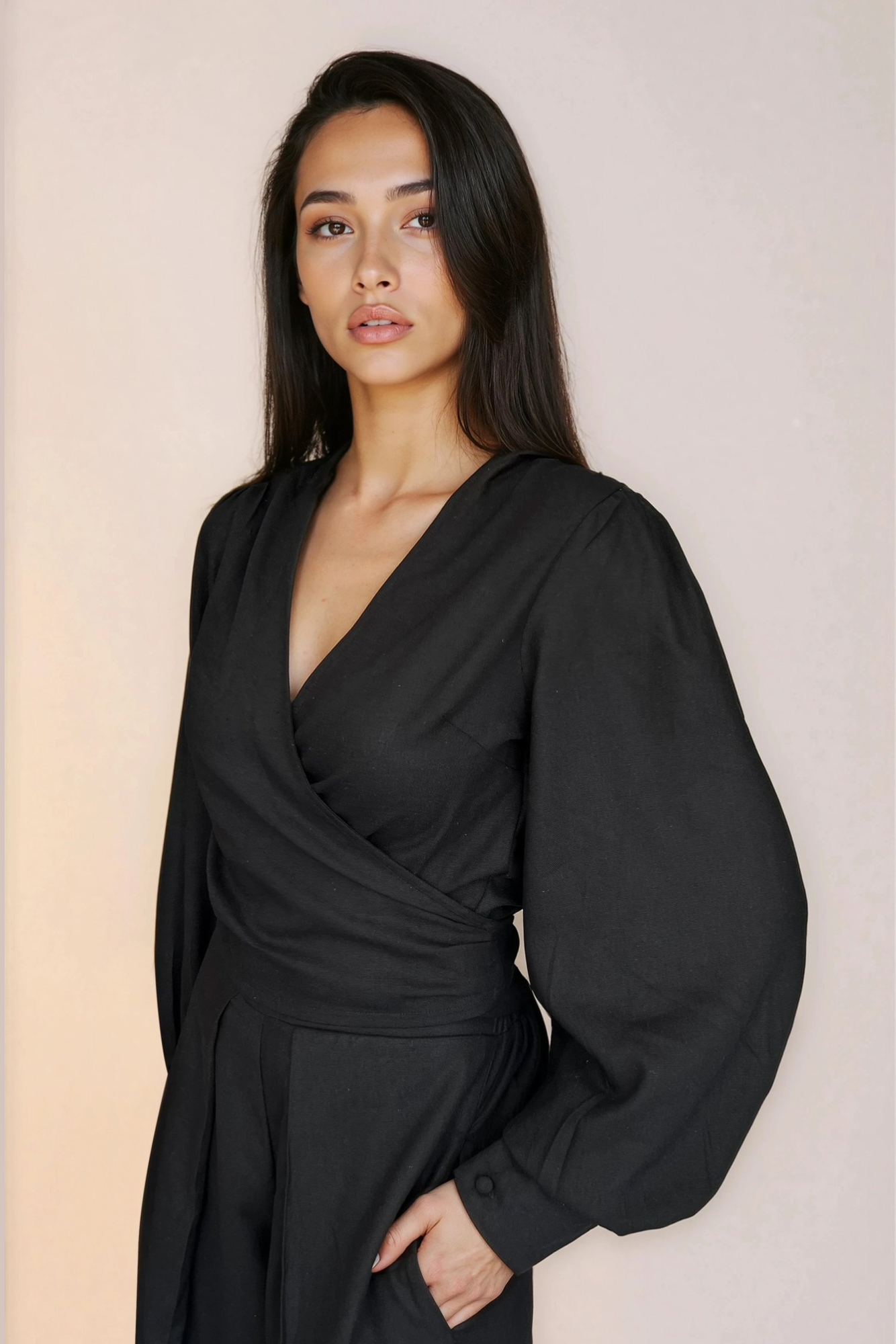 Black Linen Wrap Top