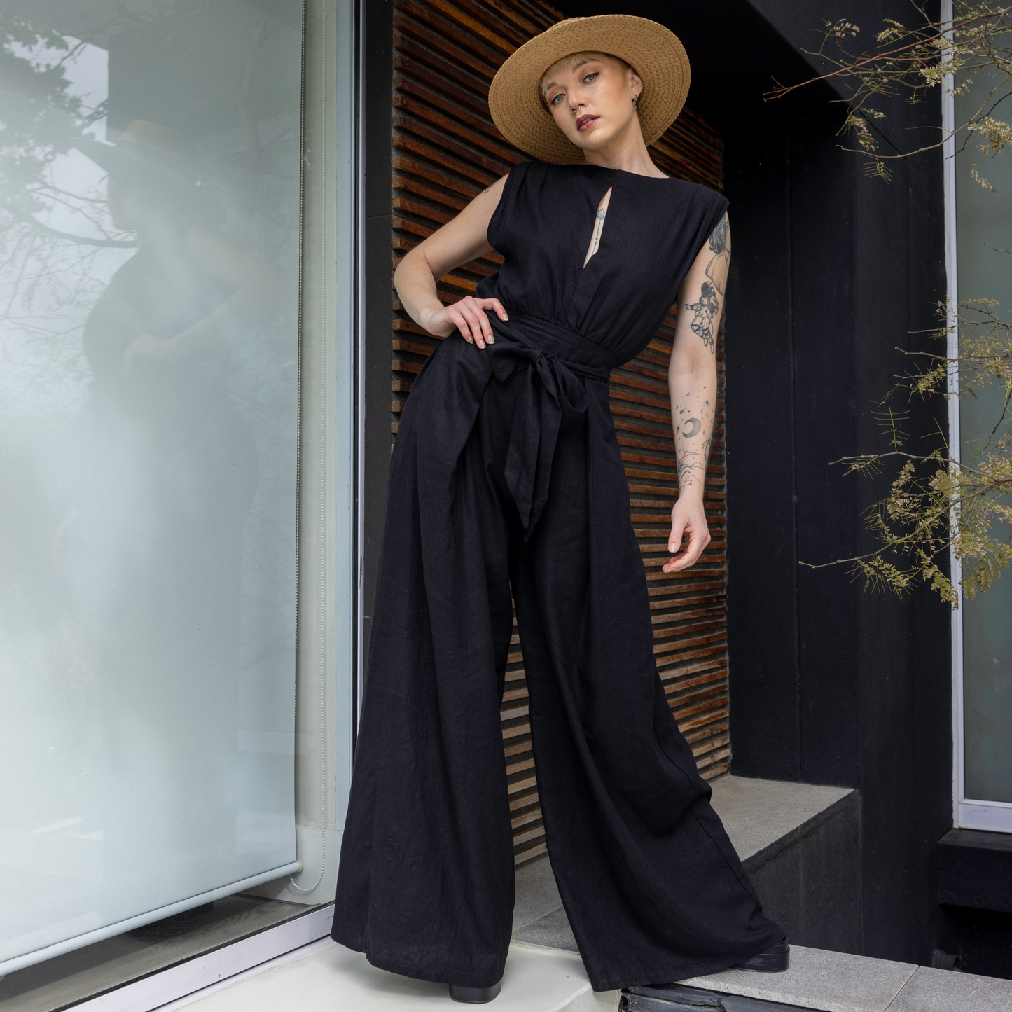 Black Wide Leg Linen Jumpsuit