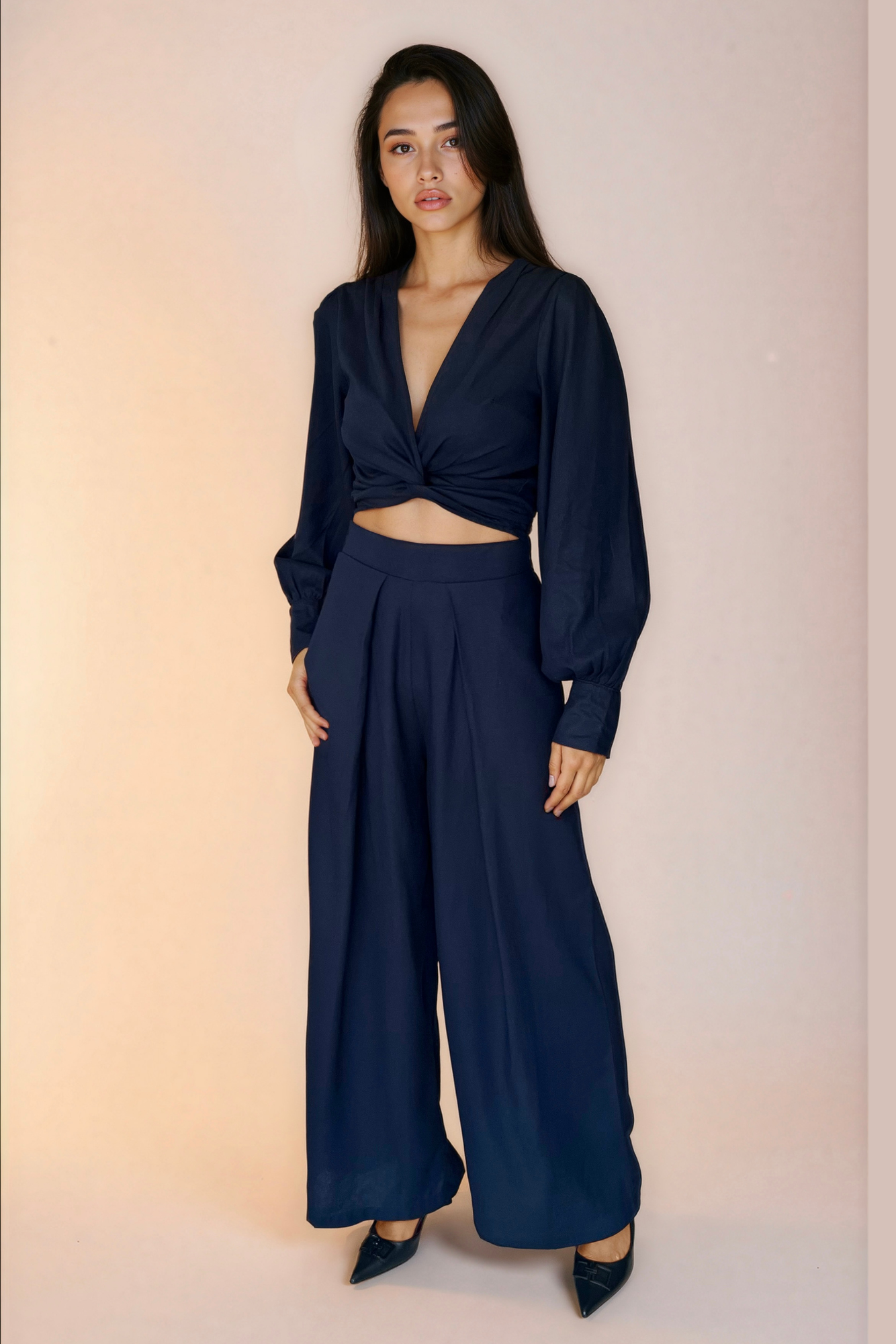 Navy Linen Wrap Top