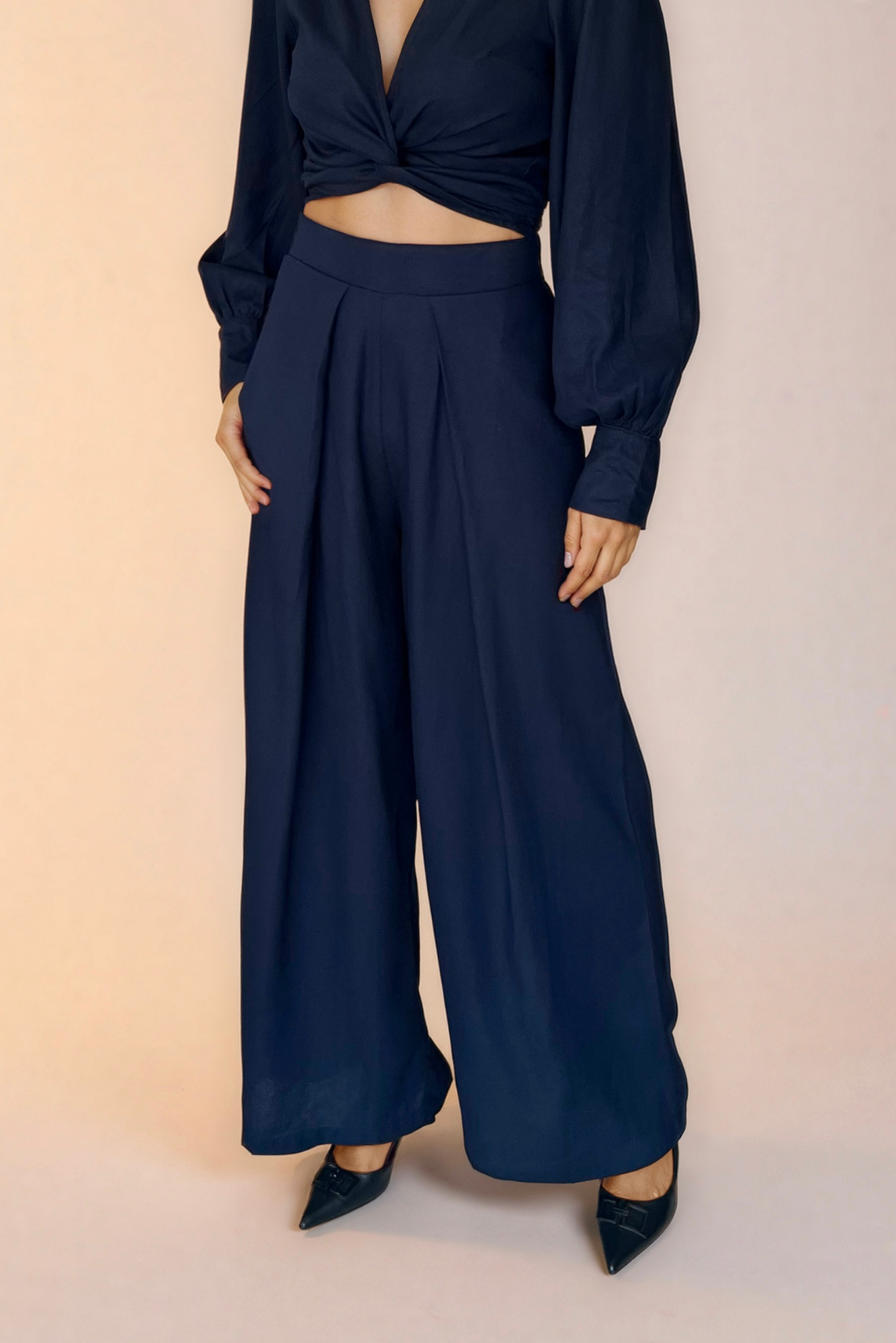 Navy Linen Wide Leg Pants