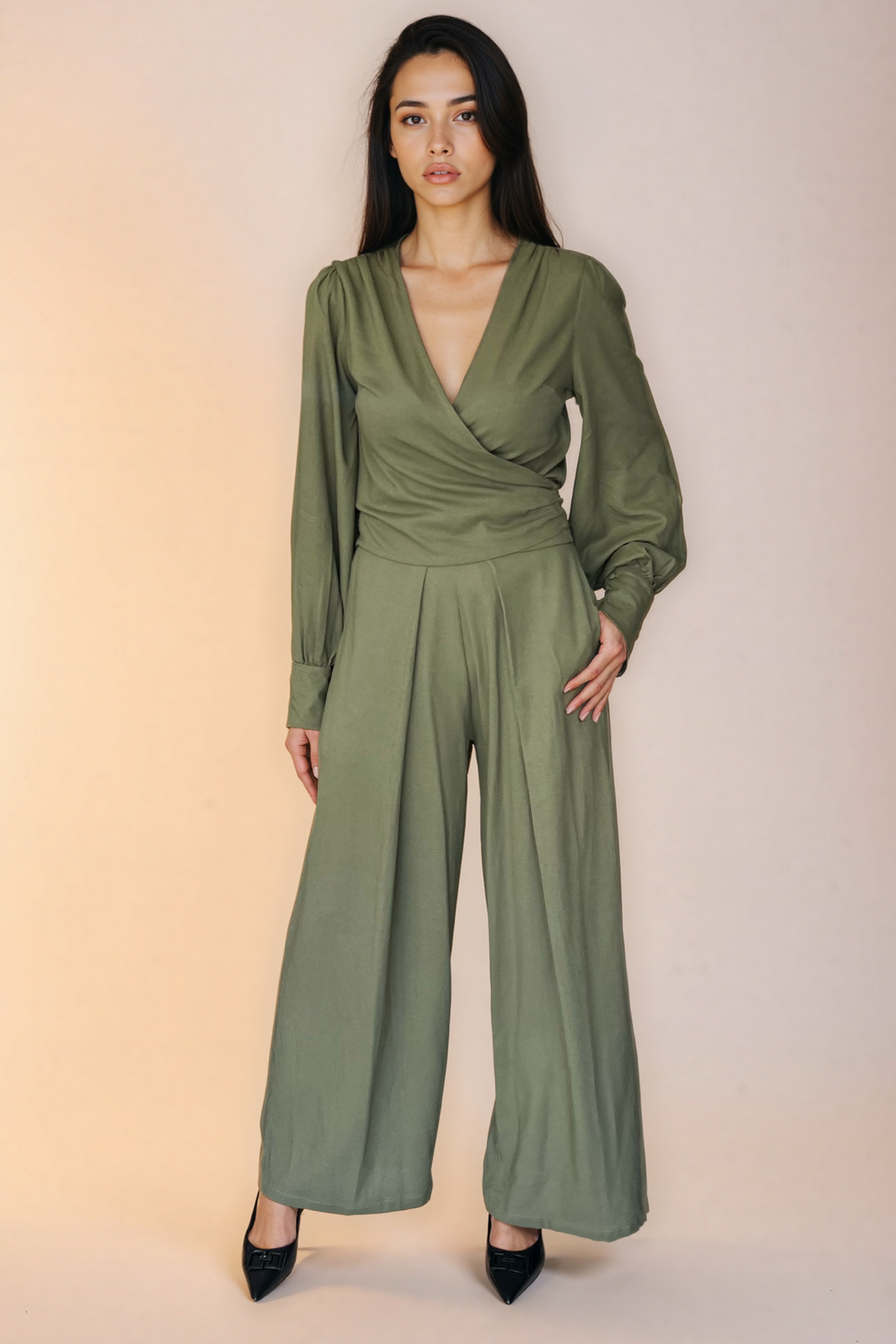 Olive Green Linen Wrap Top