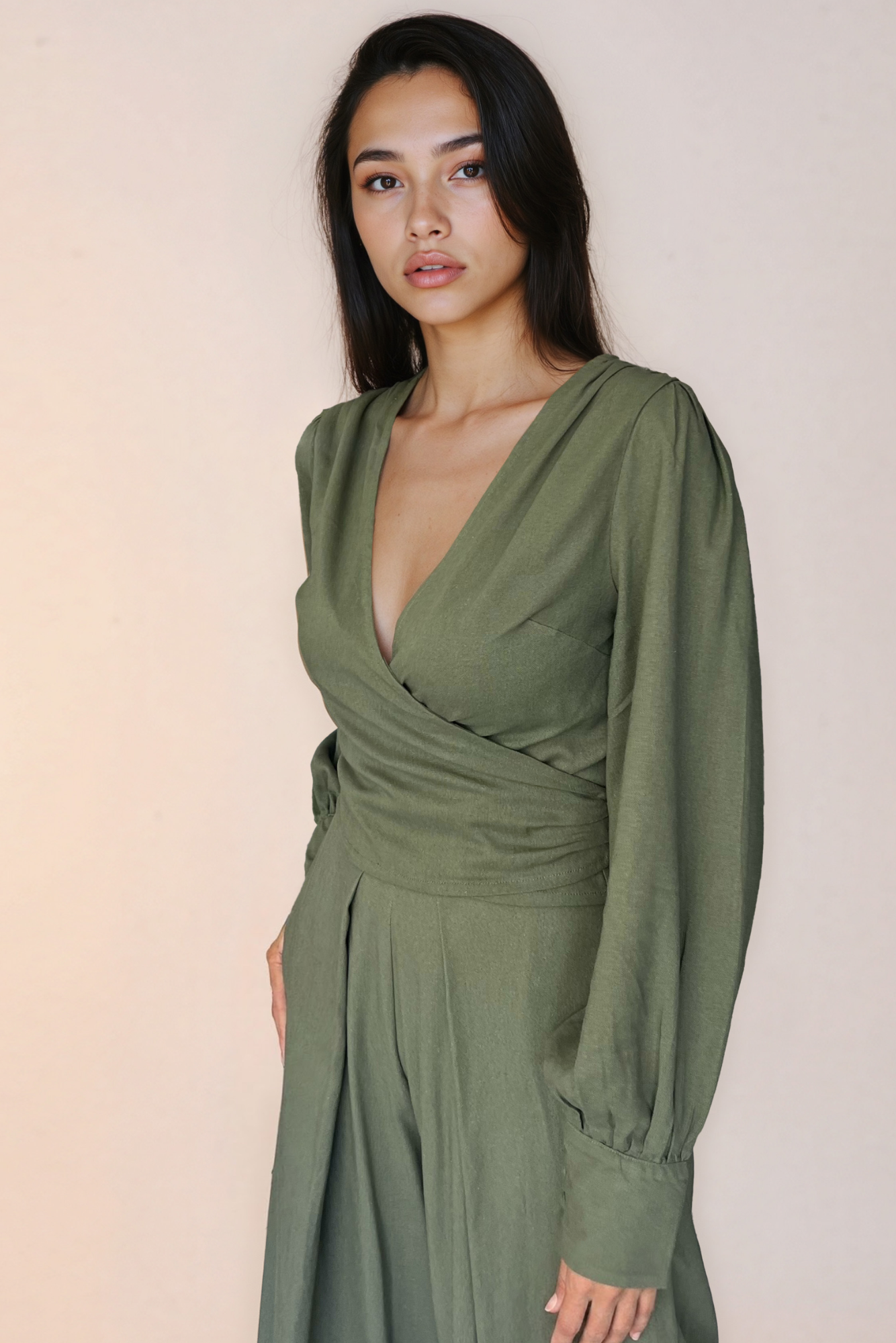 Olive Green Linen Wrap Top