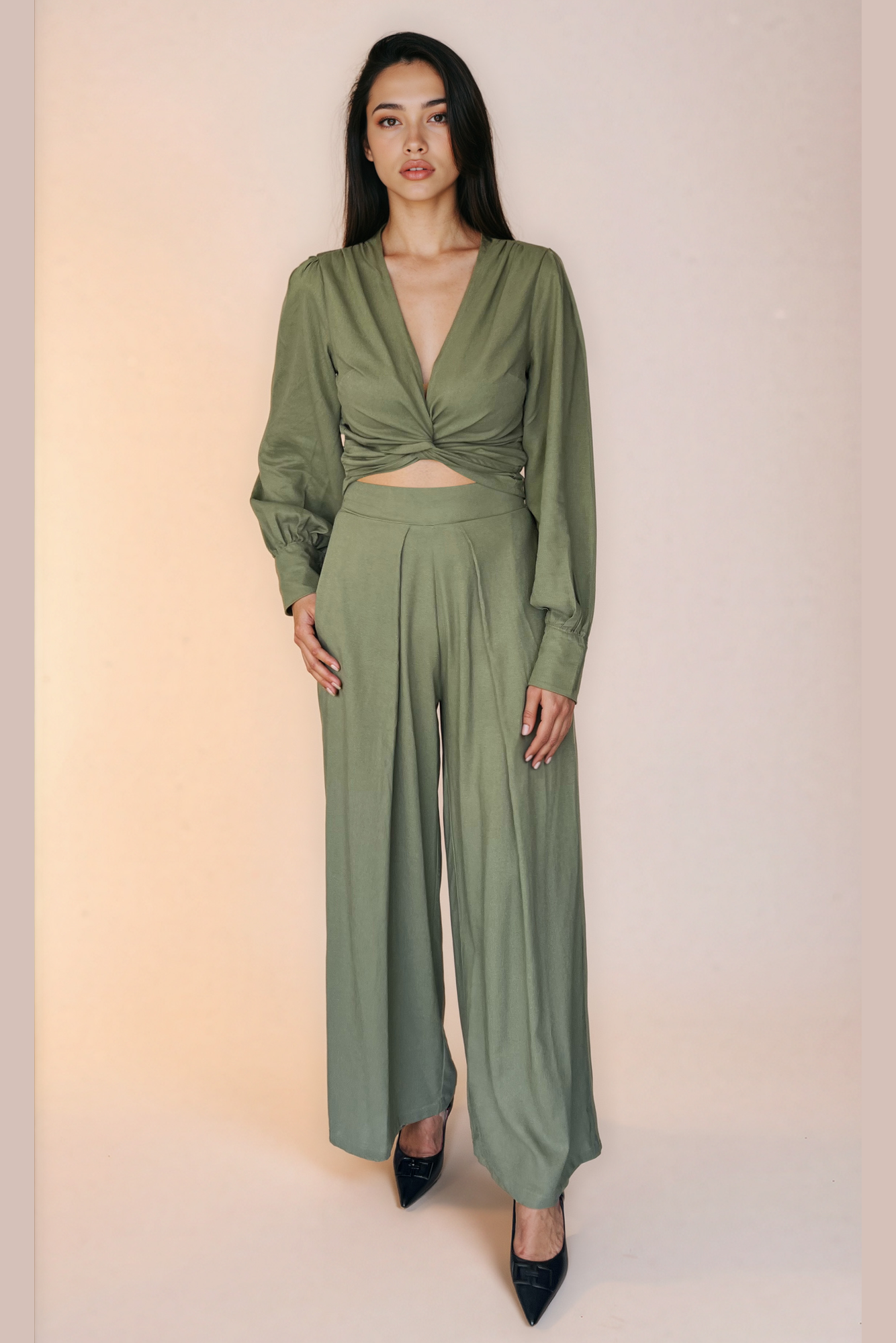 Olive Green Linen Wrap Top