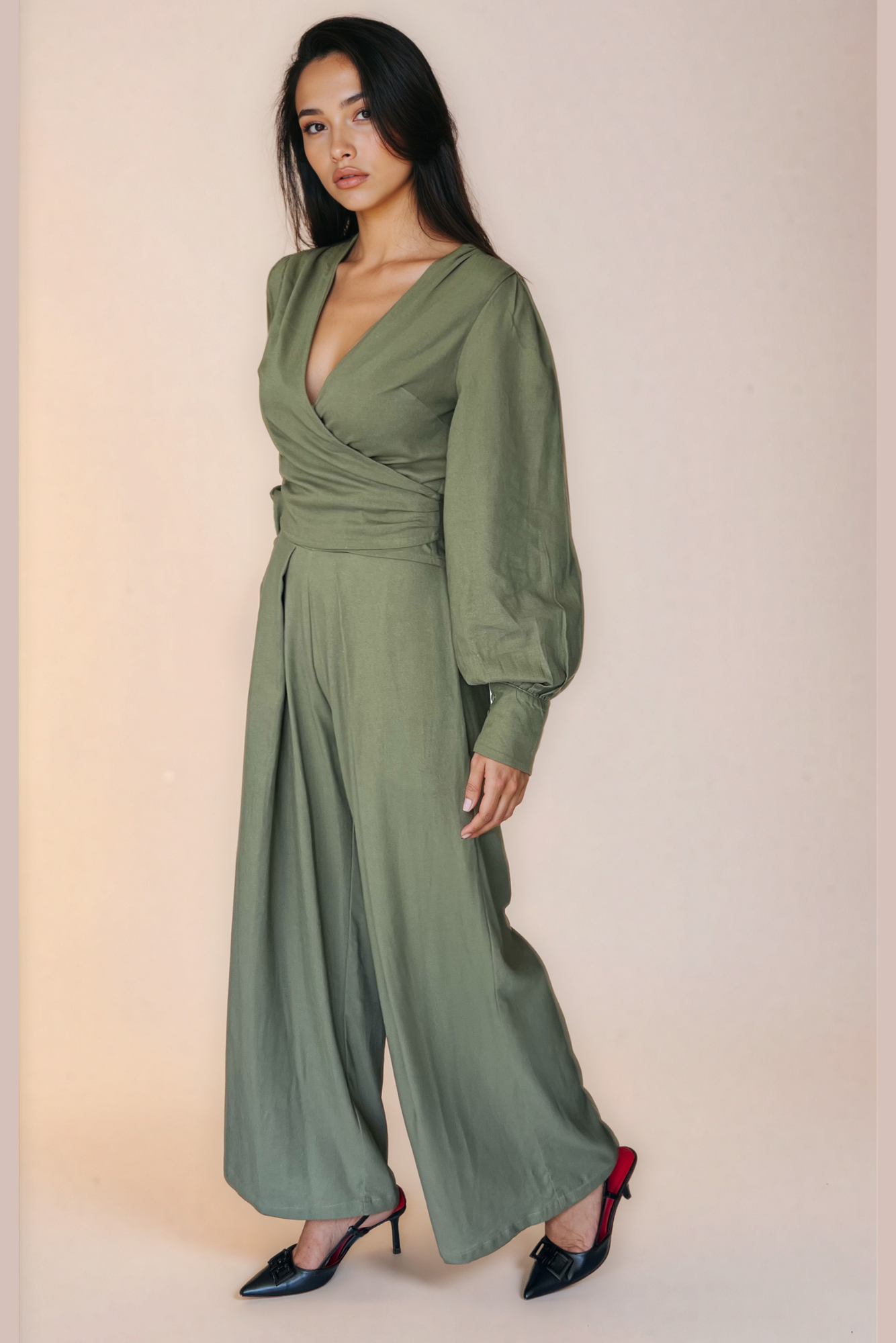 Olive Linen Wide Leg Pants