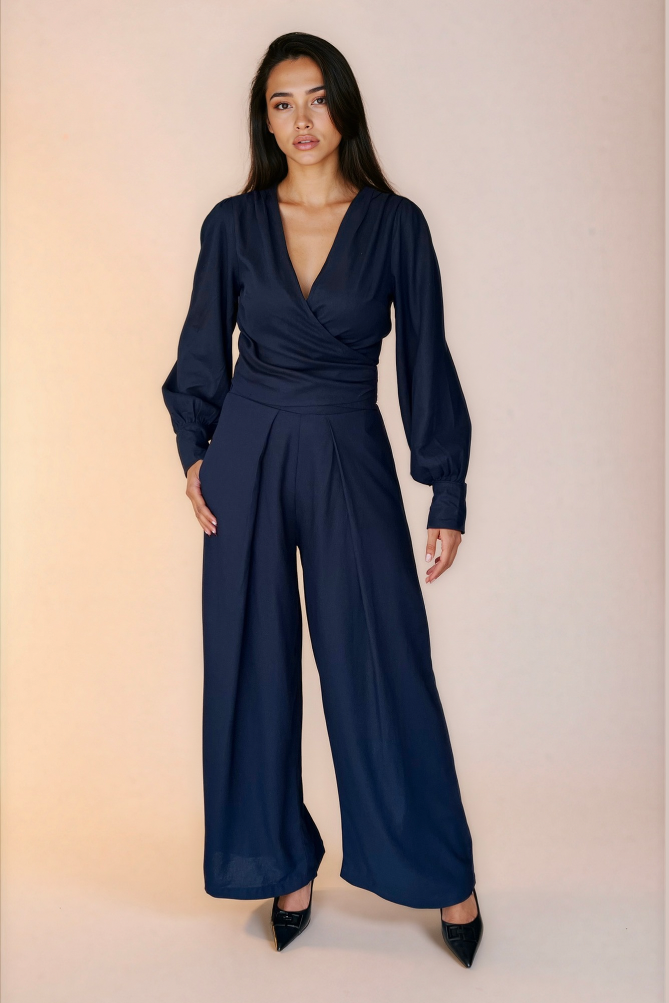 Navy Linen Wrap Top