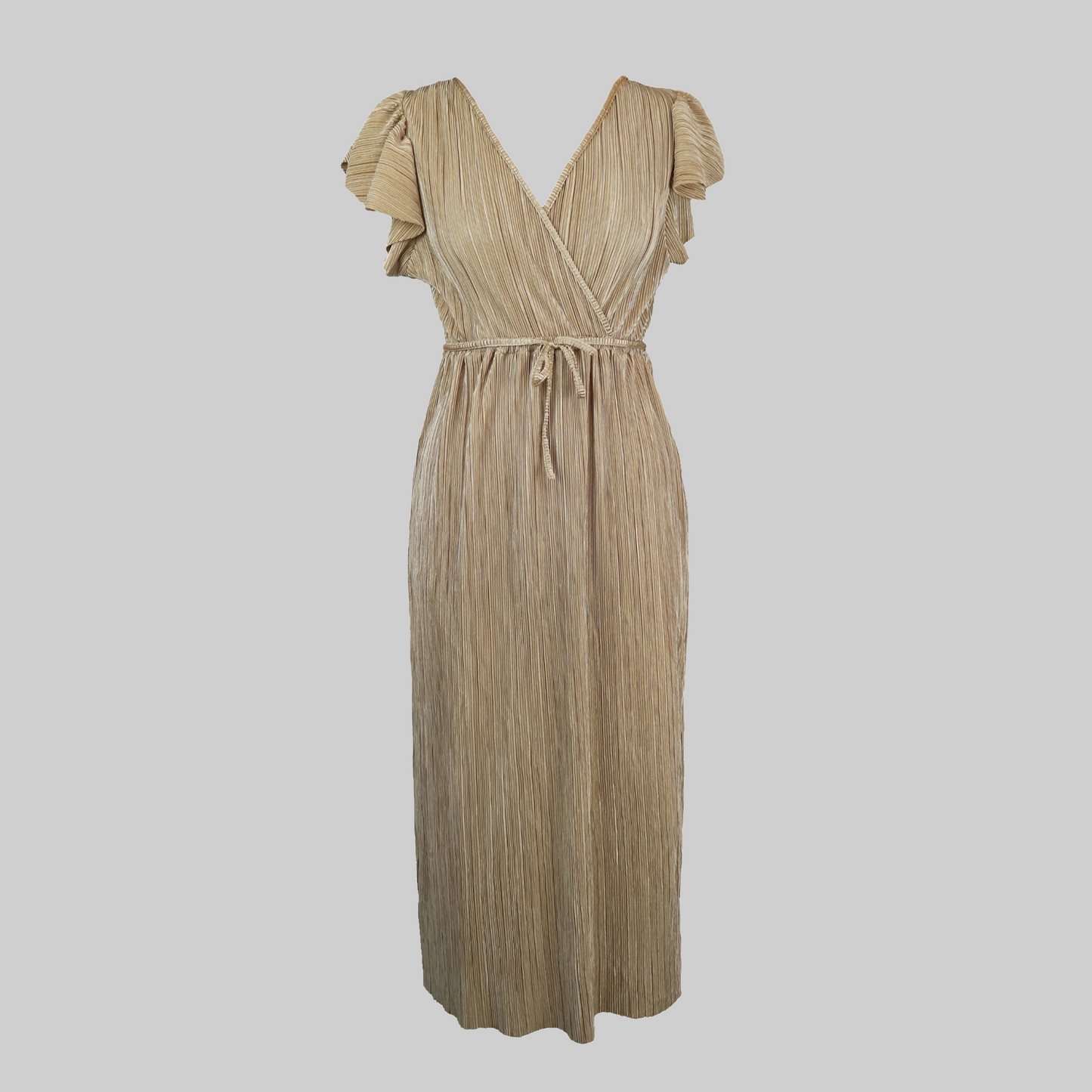 Gold Pleated Cross-Over Midi Dress