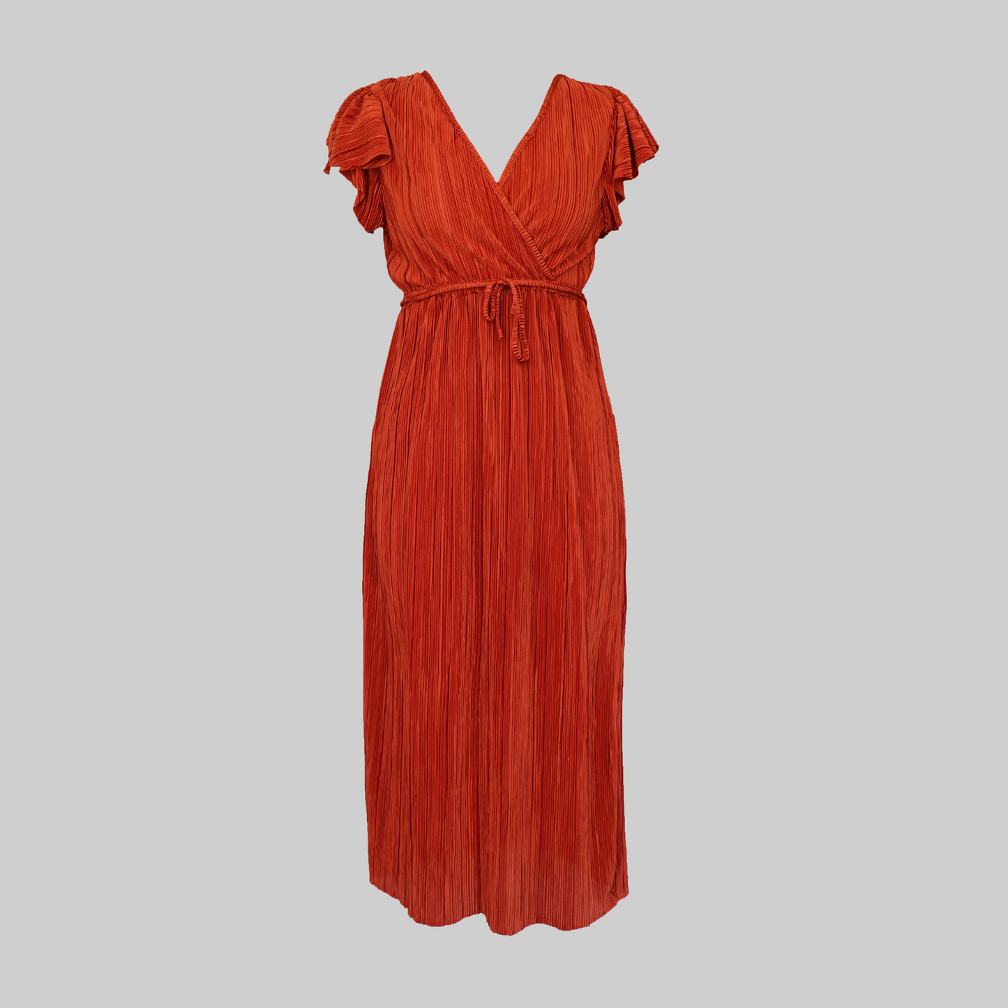 Burnt Orange Pleated Cross-Over Midi Dress