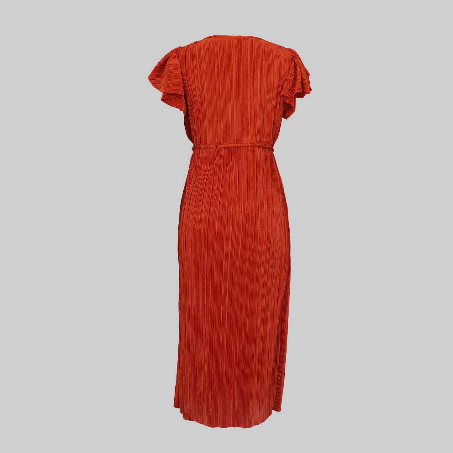 Burnt Orange Pleated Cross-Over Midi Dress